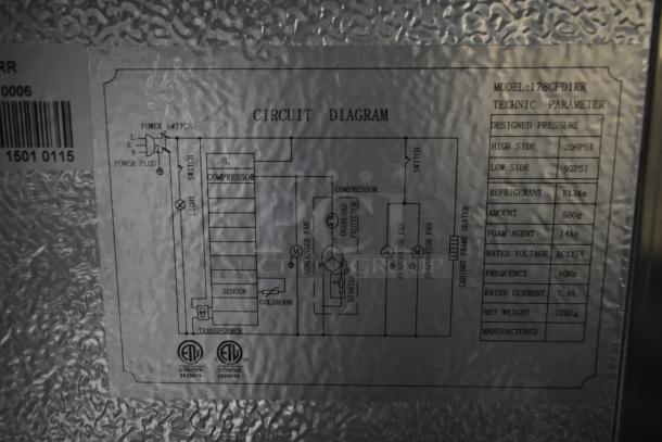 Avantco 178CFD1RR cooler circuit diagram, detailing electrical specifications: 115V, 1 phase, R134a refrigerant, ETL certified.