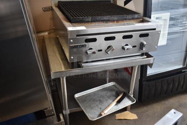 Vulcan VACB25-101 stainless steel gas charbroiler grill on stand, 68,000 BTU, with control knobs and tray underneath.