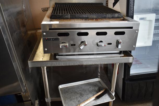 Vulcan VACB25-101 stainless steel commercial charbroiler grill, natural gas, 68,000 BTU, on equipment stand, used.
