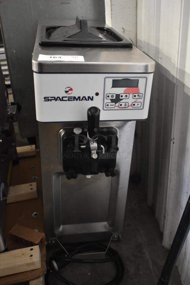 BRAND NEW Spaceman 6210-C stainless steel soft serve machine, gravity-fed, single flavor, 110V, minor scratches.