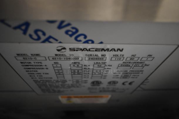 BRAND NEW Spaceman 6210-C soft serve machine label, stainless steel, single flavor, 110V, model and serial number visible.