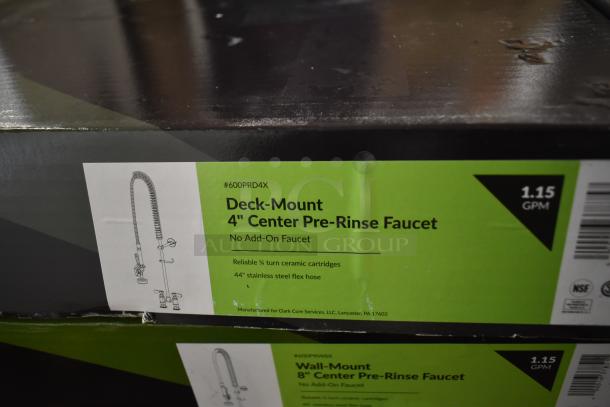 Brand new Regency 600PRD4X Wall Mount 8" Center Pre Rinse Faucet in original packaging, 1.15 GPM, ceramic cartridges.