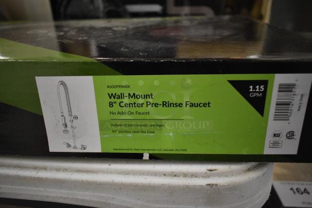 Brand new Regency 600PRW8X pre-rinse faucet, 1.15 GPM, 8" centers, 44" hose, scratch and dent condition, ceramic cartridges.