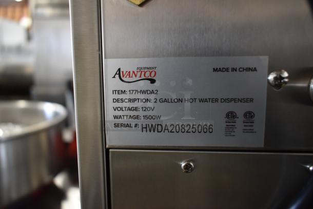 Brand new Avantco 177HWDA2 stainless steel 2-gallon hot water dispenser, 120V, 1500W, with visible serial number HWDA20825066.