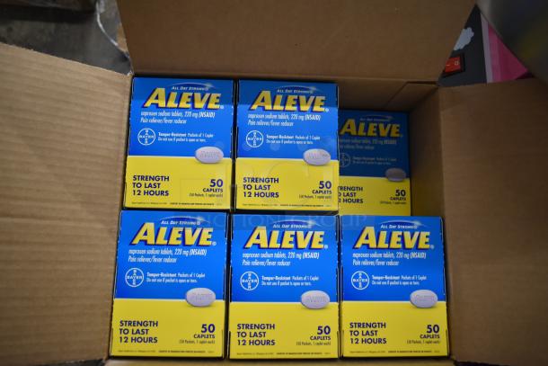 Case of 11 boxes of Aleve Naproxen Sodium Tablets, 50 caplets each, 220 mg, NSAID, pain reliever, 12-hour strength.