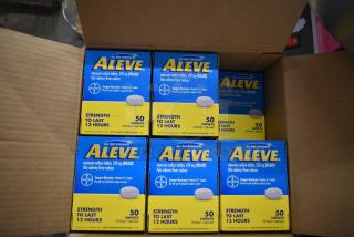 Case of 11 boxes of Aleve Naproxen Sodium Tablets, 50 caplets each, 220 mg, NSAID, pain reliever, 12-hour strength.