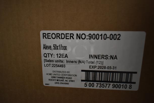Case of 11 boxes of Aleve Naproxen Sodium tablets, each box containing 50 tablets. Expiry: 2028-05-31. Lot: 2254493.