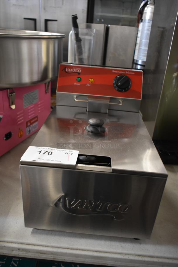 Brand new Avantco 177F100 stainless steel 10 lb. electric fryer with metal basket, lid, and temperature controls, 120V.