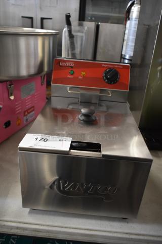 Brand new Avantco 177F100 stainless steel 10 lb. electric fryer with metal basket, lid, and temperature controls, 120V.