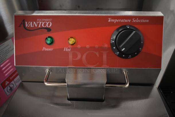 Avantco 177F100 stainless steel commercial fryer with temperature control, power and hot indicators, and metal handle.