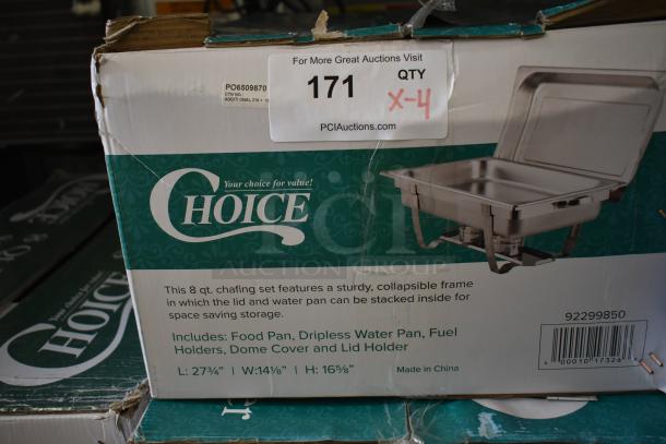 Box for Choice 92299850 Deluxe 8 Qt. Stackable Chafer, brand new, includes food pan, dripless water pan, dome cover.
