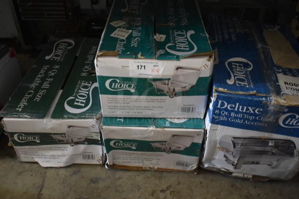 Four new Choice 92299850 Deluxe 8 Qt. Full Size Stackable Chafers, scratch and dent condition, in original packaging.