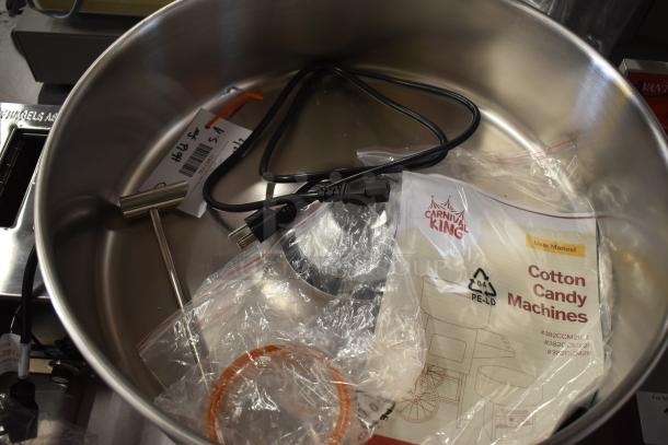 Brand new Carnival King 382CCME21 cotton candy machine with 21" stainless steel bowl. Includes power cord, user manual. 110V.