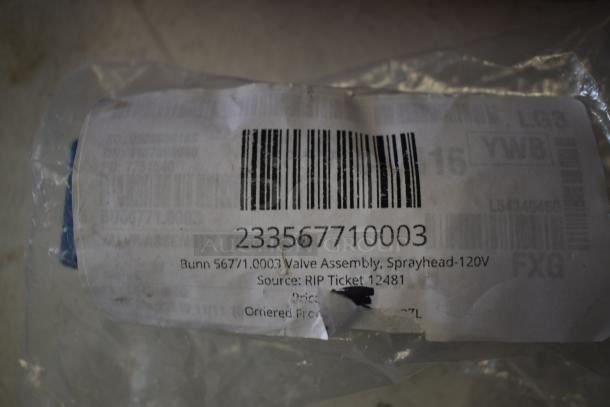 Bunn 56771.0003 Valve Assembly with packaging label, including barcode and model number, in new condition.