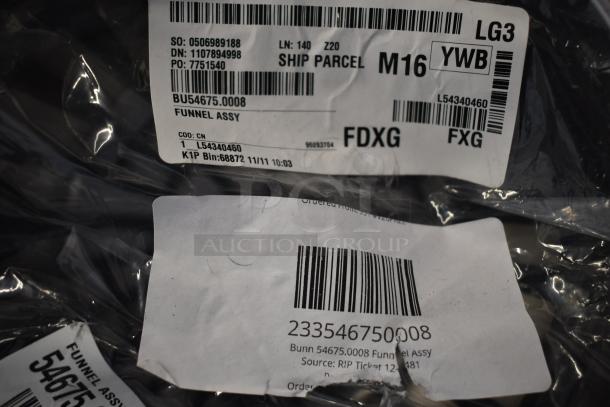 3 new scratch and dent items: Bunn 56771.0003 Valve Assembly, 54675.0008 Funnel Assy, Robertshaw. Packaging labels visible.