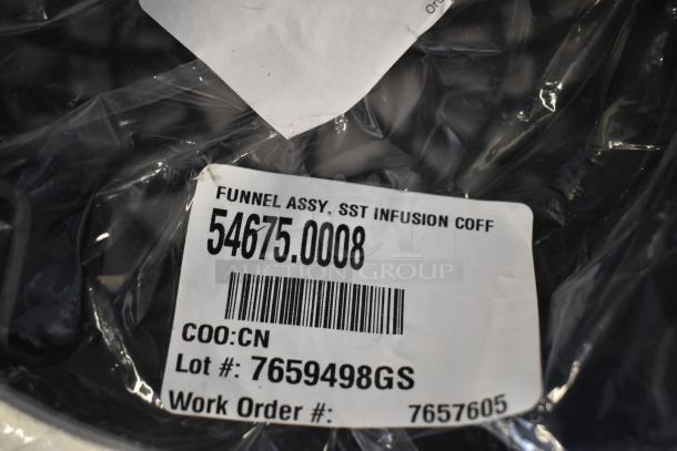 Bunn 54675.0008 Funnel Assembly in original packaging, label shows model and work order numbers indicating new condition.