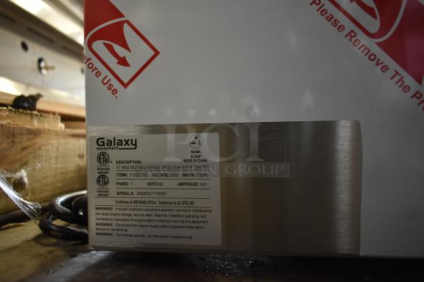 Galaxy 177GCT10 stainless steel conveyor toaster, new with minor scratches, 3" opening, 120V, 1 phase. Label details specs.