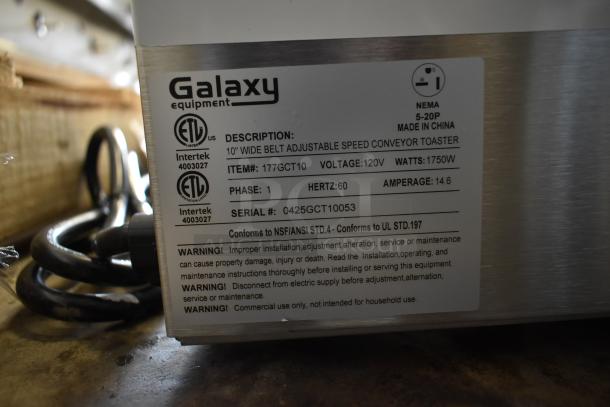Brand new Galaxy 177GCT10 conveyor toaster, stainless steel, 3" opening, 120V, ETL certified. Scratch and dent condition.