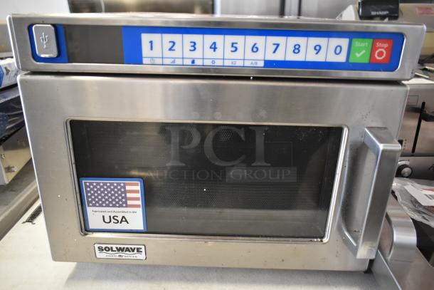 Brand new Solwave SWAHD12 commercial microwave, stainless steel, push button controls, USA-made, 120V, 1 phase.