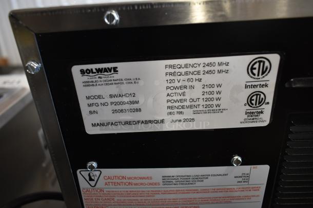 Solwave SWAHD12 microwave label, 2450 MHz, 120V, 2100W. Model info, MFG NO. P2009439M, S/N 2506310288, June 2025.