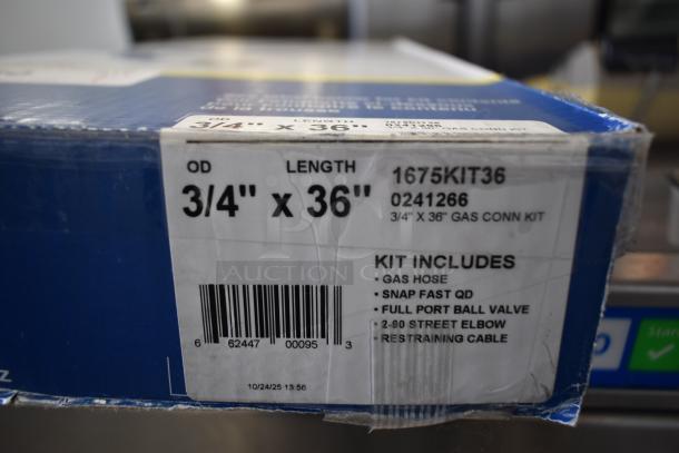 BRAND NEW SCRATCH AND DENT Dormont 1675KIT36 Deluxe SnapFast® 36" Gas Connector Kit, 3/4" diameter, includes gas hose, elbows, ball valve, restraining cable. Box shows wear.