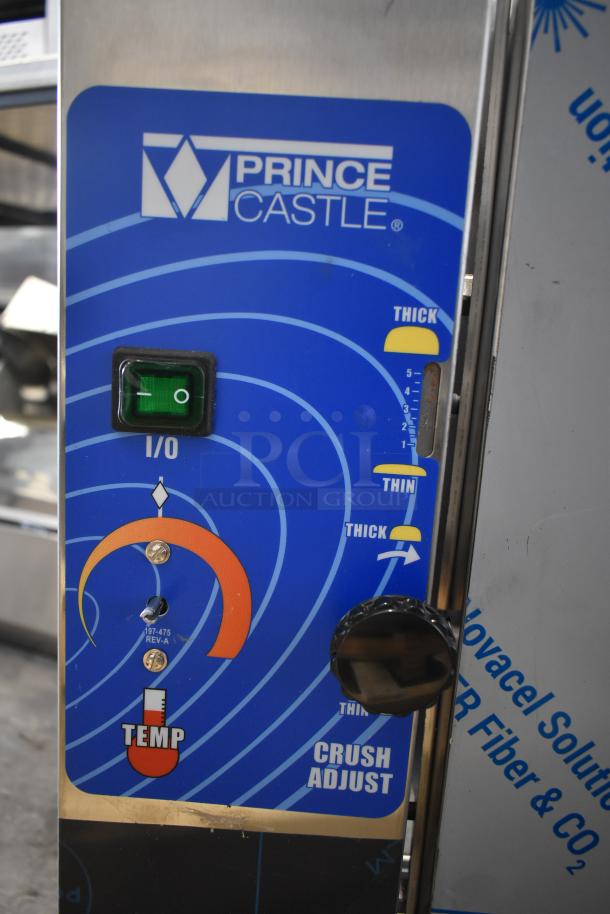 Stainless steel Prince Castle 297-T12P contact toaster control panel with settings for thickness and temperature.