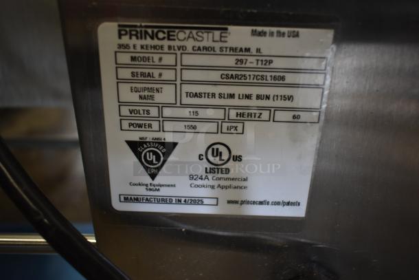 "Prince Castle 297-T12P stainless steel vertical contact toaster label, 115V, 1 phase, 1440 buns/hour capacity, UL listed."
