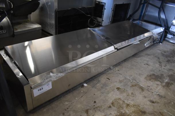 Brand new KoolMore SCDC-8P-SSL stainless steel refrigerated prep station, 71-inch, holds eight pans. Scratch and dent condition.