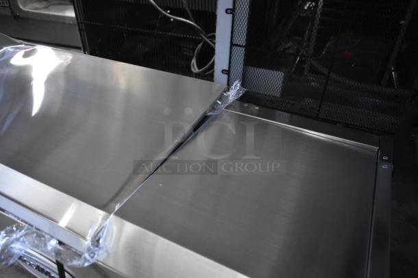 KoolMore SCDC-8P-SSL stainless steel refrigerated countertop condiment prep station, 71 in., eight pan, new condition.