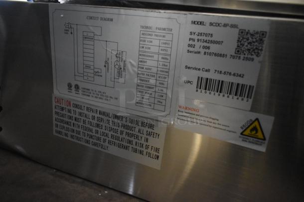KoolMore SCDC-8P-SSL stainless steel condiment prep station, new, with circuit diagram and safety warnings visible.