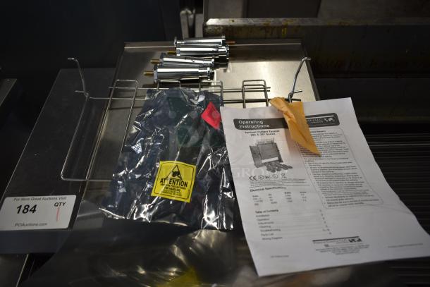 Brand new Avantco 184T3600D stainless steel conveyor toaster parts with operating instructions and safety warnings shown.