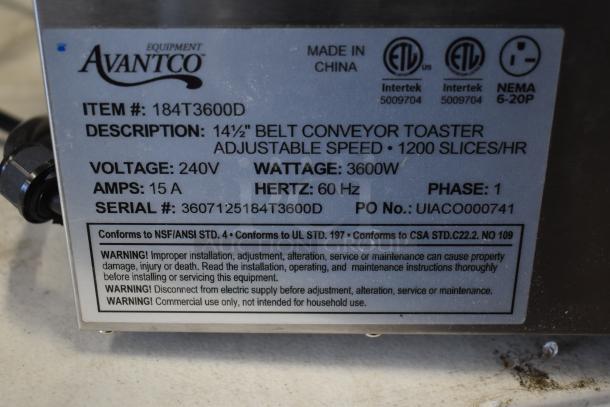 Brand new Avantco 184T3600D stainless steel conveyor toaster, 14.5" wide, 3" opening, 1200 slices/hr, 240V, 1 phase.