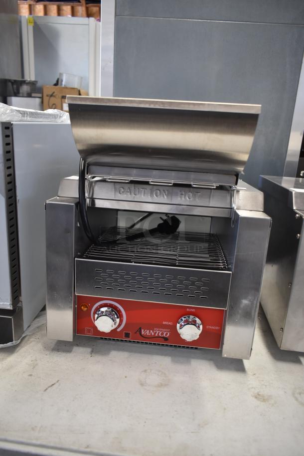 Brand new Avantco 184T140 stainless steel conveyor toaster, 10" wide, 3" opening, 300 slices/hr, 120V, 1 phase. "Caution Hot" label visible.