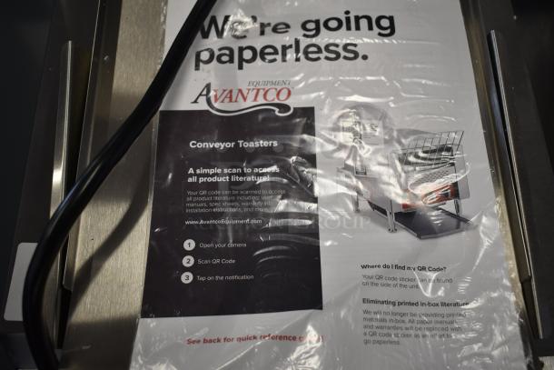 Brand new Avantco 184T140 stainless steel commercial conveyor toaster, 10" wide, 3" opening, 300 slices/hr, 120V, 1 Phase.