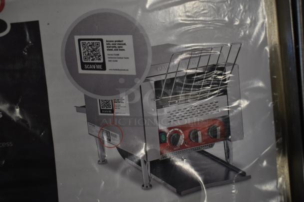 Brand new Avantco 184T140 stainless steel conveyor toaster, 10" wide, 3" opening, 300 slices/hr, 120V, 1 phase. QR code visible.