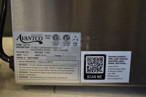 Brand new Avantco 184T140 stainless steel conveyor toaster, 10" wide, 3" opening, 300 slices/hr, 120V, with product info label.