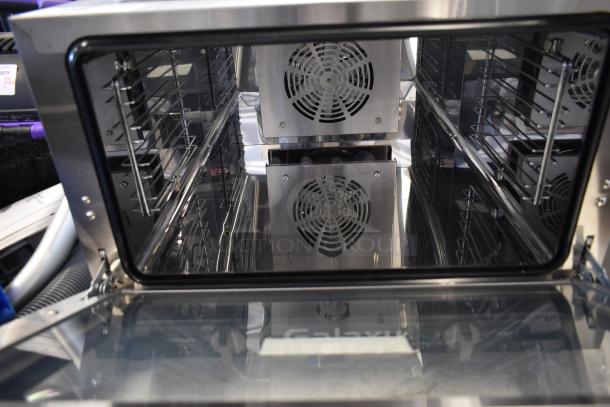 Brand new Galaxy 177COE3H stainless steel half-size countertop convection oven, 120V, 1-phase, interior view.