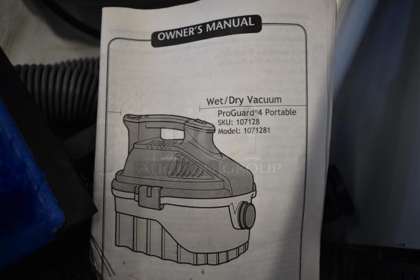 Owner's manual for a 2025 ProGuard 1071281 Wet Dry Vac. Features diagram, SKU 107128, model 1071281. Brand new condition.