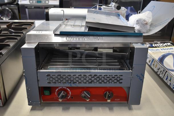 Brand new Avantco 184T3600B stainless steel conveyor toaster, 14 1/2" wide, 3" opening, 1200 slices/hour, 208V, "Caution Hot" label.