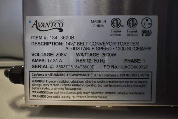 Brand new Avantco 184T3600B conveyor toaster, 14.5" wide, stainless steel, 1200 slices/hour, 208V, 3600W, 3" opening.