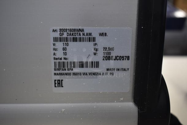 Sirman GF Dakota 20021608WNA hard cheese grater label, 110V, 60Hz, 10A, 2 lb/min, made in Italy. Scratch and dent condition.