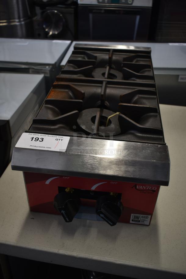 Brand new Avantco 177CAGR212 12" 2 Burner Natural Gas Range, 50,000 BTU, slight scratches, model tag visible.