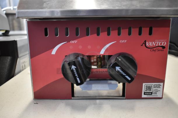 Avantco Chef Series 177CAGR212 12" 2 Burner Natural Gas Range, 50,000 BTU, new condition, labeled controls visible.