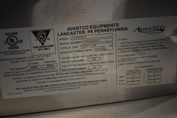 2025 Avantco Chef Series 177CAGR212, 12" 2 burner natural gas countertop range, 50,000 BTU. New, scratch and dent condition.