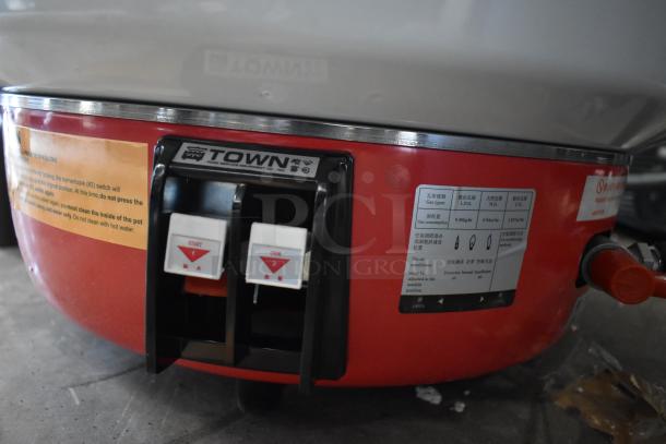 BRAND NEW RiceMaster Town RS-50N-R Gas Rice Cooker, 110 Cup, 34,600 BTU, with minor dents. Start and cook buttons visible.