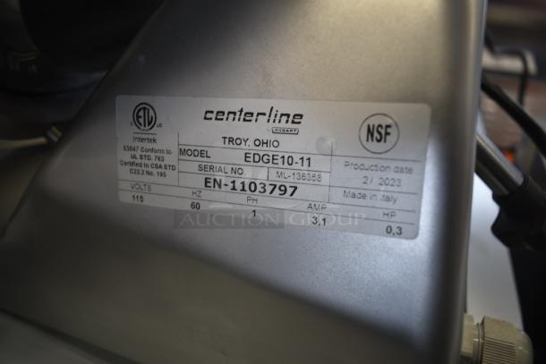 Brand new 2023 Hobart EDGE10-11 stainless steel meat slicer, 10" blade, includes sharpener; 115 volts, 1 phase.