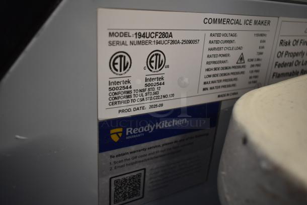 BRAND NEW SCRATCH AND DENT! 2025 Avantco 194UCF280A undercounter ice machine label, 299 lb. capacity, 115V, with warranty info.