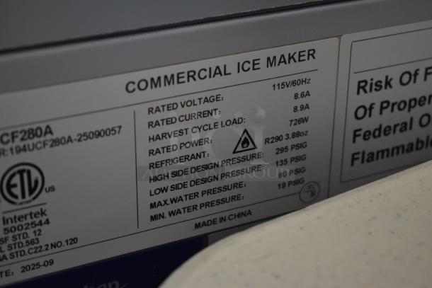 Brand new Avantco 194UCF280A stainless steel ice machine, 299 lb capacity, 115V, 1 phase, scratch and dent condition. Labels show specs.