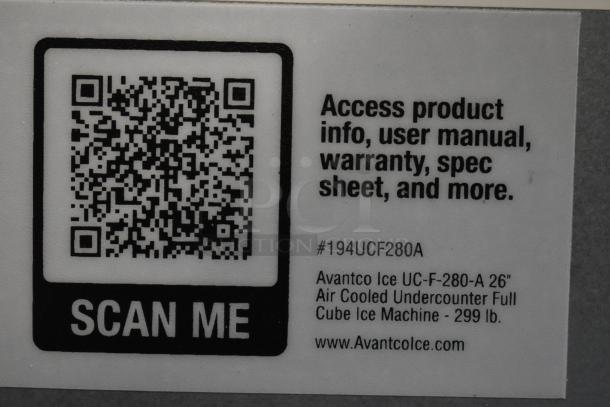 QR code for Avantco 194UCF280A Ice Machine. Access product info, user manual, warranty, and spec sheet.