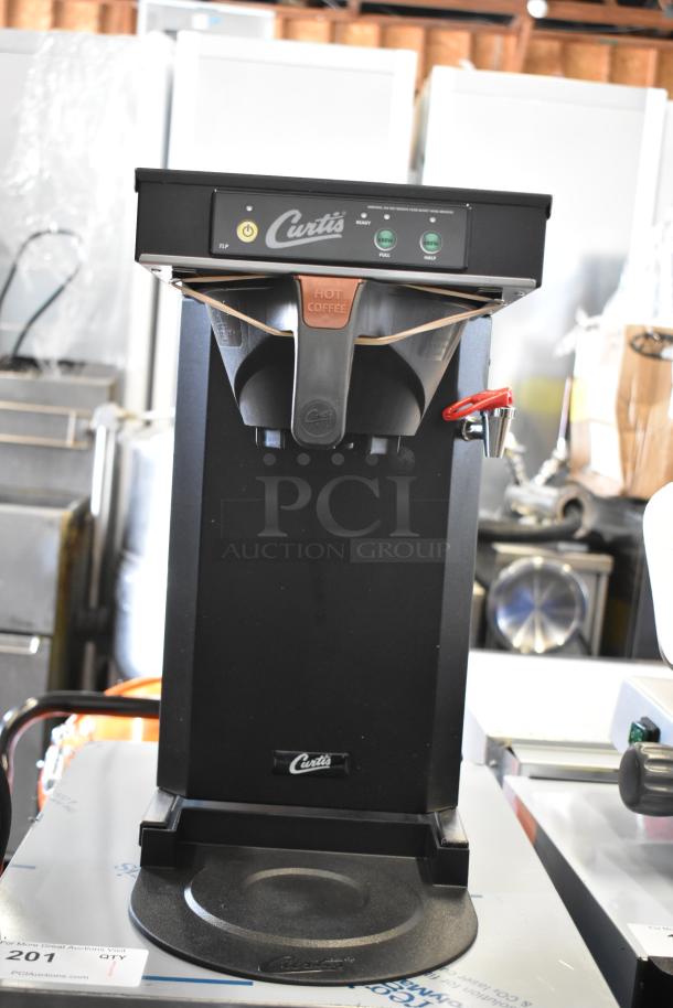 Brand new Curtis TLP Low Profile 18" Automatic Airpot Brewer, hot water dispenser, poly brew basket, 120V, visible minor scratches.